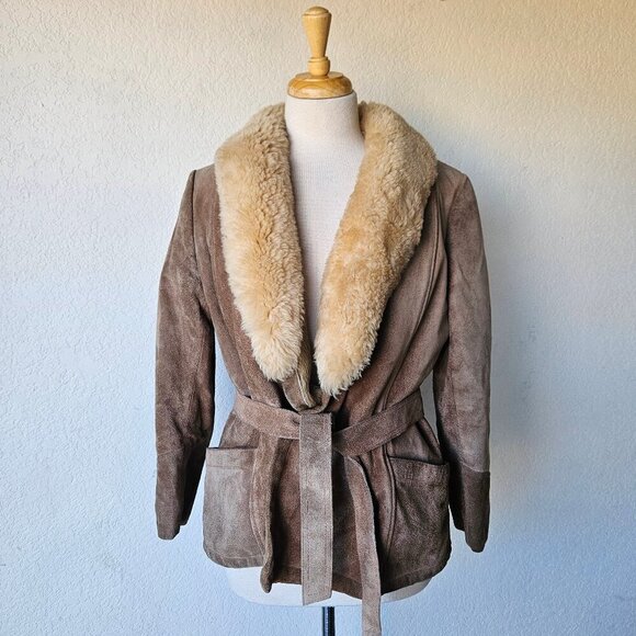 Carla Vintage 70s Fur Suede Leather Wrap Style Lined Mob Wife Coat Jacket M/12 - Picture 1 of 11